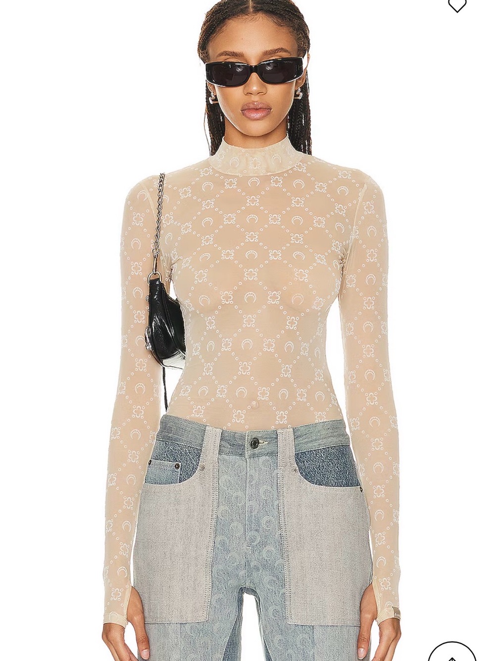 Marine Serre Beige Sheer Mock Neck Long-Sleeve Top